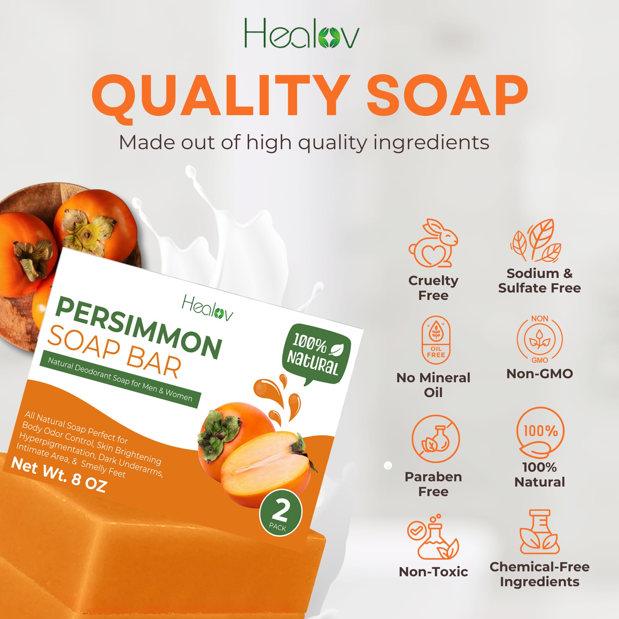 Healov Persimmon Soap Bar for Body Odor Control – Purifying Deodorizing Face & Body Wash for Eliminating Body Odor – Great for Skin Brightening, Hyperpigmentation – Deodorant Soap for Men & Women